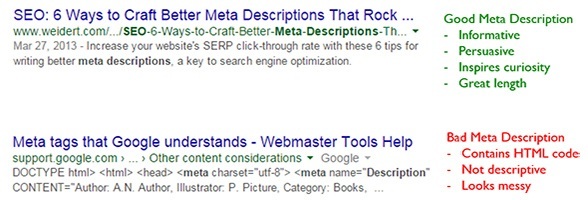 Good and bad meta descriptions examples in the Google search results